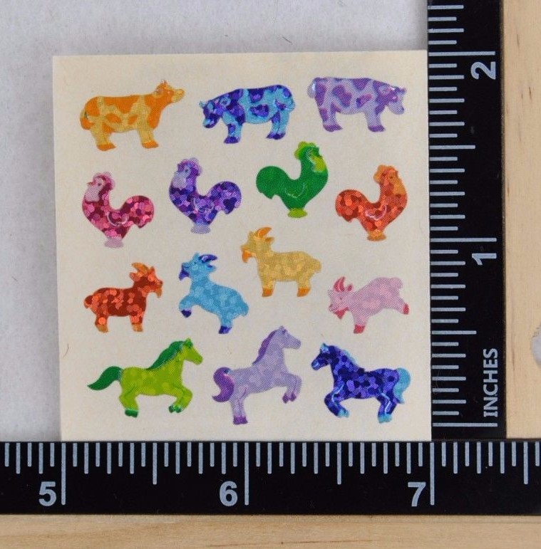 Sandylion TINY FARM ANIMALS Stickers PRISMATIC 1 SQ COW CHICKEN GOAT HORSE RARE