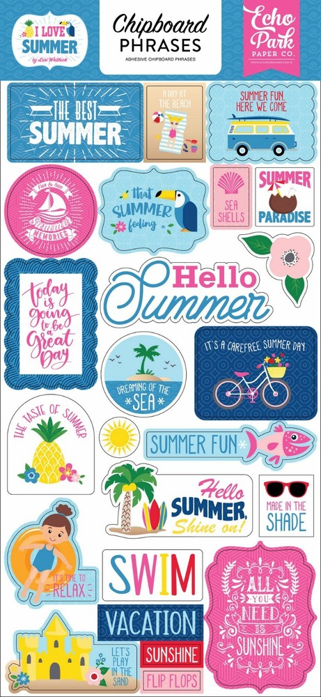 Echo Park Paper I LOVE SUMMER 6×13 Sheet of Chipboard Phrases