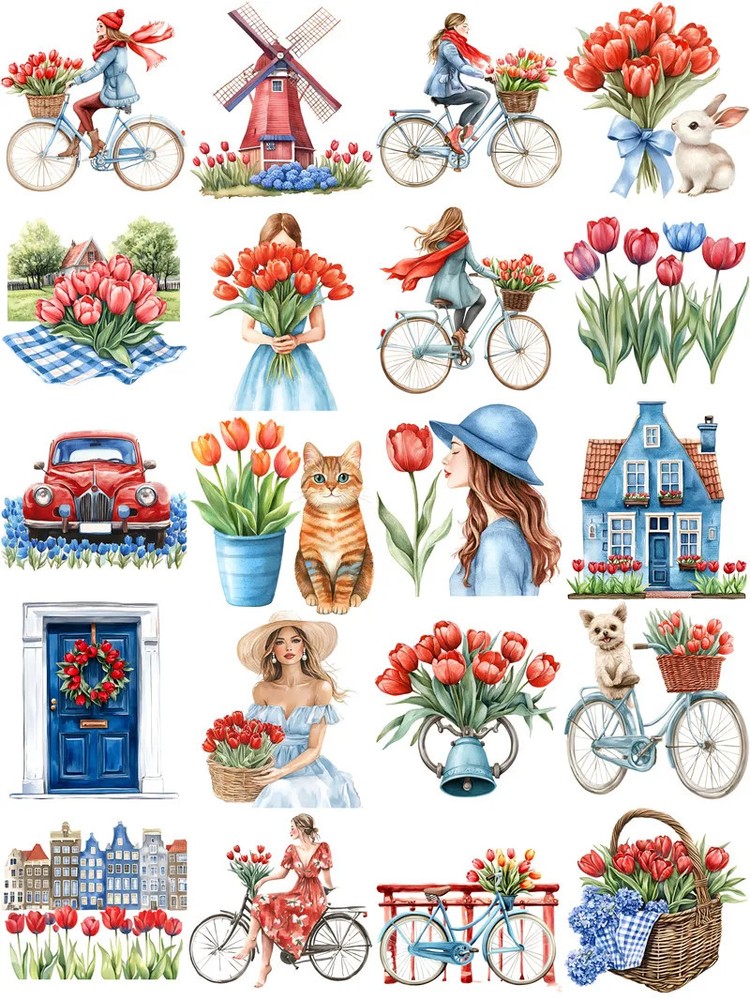 Tulips Flowers Bike Girl Windmill Stickers Stationery Journal Scrapbooking Craft