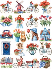 Tulips Flowers Bike Girl Windmill Stickers Stationery Journal Scrapbooking Craft