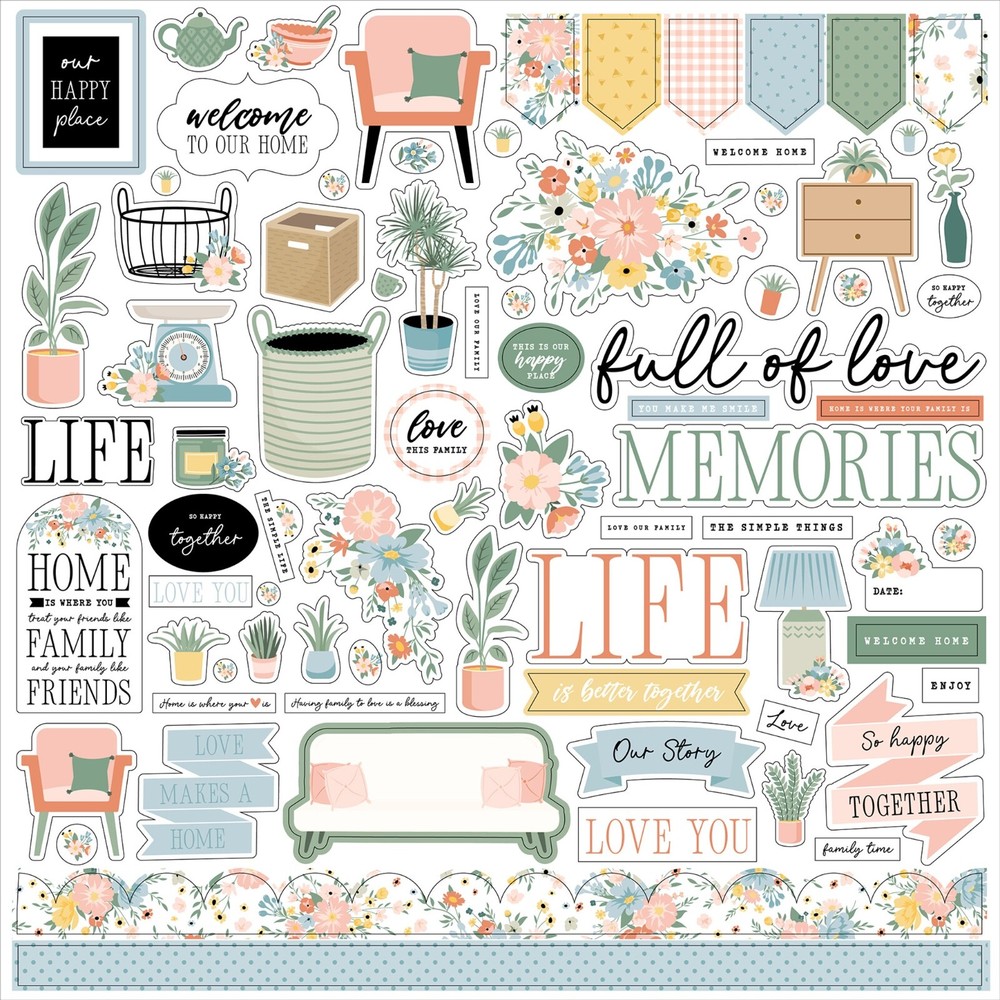 (1) 12×12 Sheet of Echo Park Paper OUR HAPPY PLACE Scrapbook Element Stickers