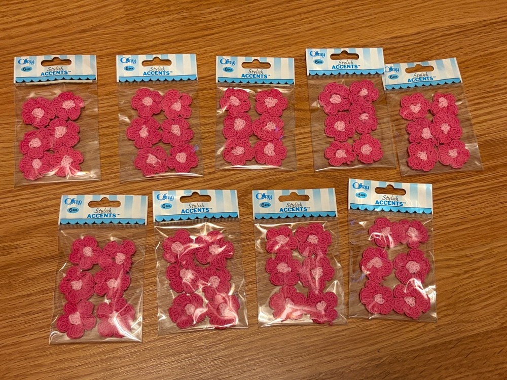 54 pcs (9 pks) Offray Stylish Accents Pink Mini Crochet Flowers 51189 Crafts NEW