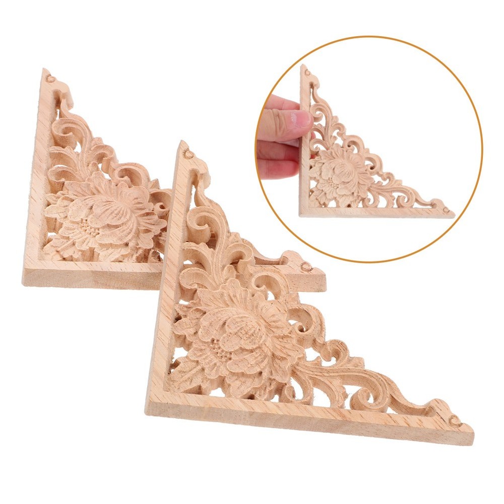 2Pcs Reusable Wooden Carving Appliques Khaki DIY Cabinet and Door Decor