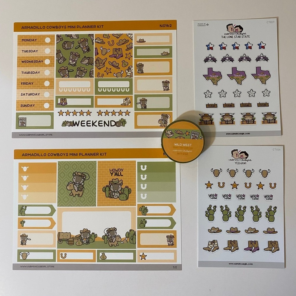 Hubman & Chubgirl Armadillo Cowboys Mini Planner Kit Washi & Stickers Set