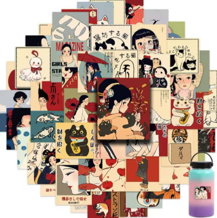 50pcs Japanese Vintage Anime Matte Vinyl Stickers 4.7×5.3cm For Laptop Scrapbook