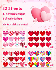 32 Sheets Heart Stickers, 384 Pcs Valentines Day Stickers for Kids, Holiday Stic