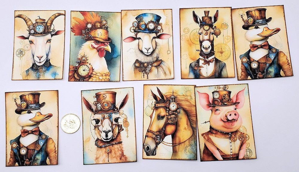 9-Steampunk-Animals-Ephemera-Junk Journal-Crafts-Linen Cardstock-Cards