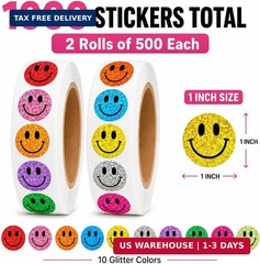 1000 PCS Glitter Smiley Face Stickers for Kids – 1 Inch Round Holographic Happy