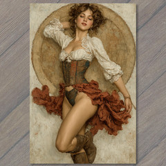 STICKER Burlesque Dancer Red Skirt Corset Boots Vintage Western Cabaret Style