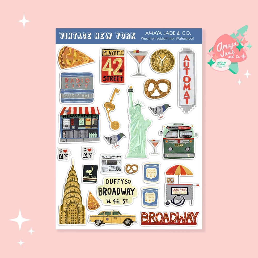 New Vintage New York Sticker Sheet Featuring Famous Landmarks