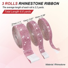 3 Rolls 6.6 Yards 3 size Crystal Rhinestones Ribbon for Crafts Pink