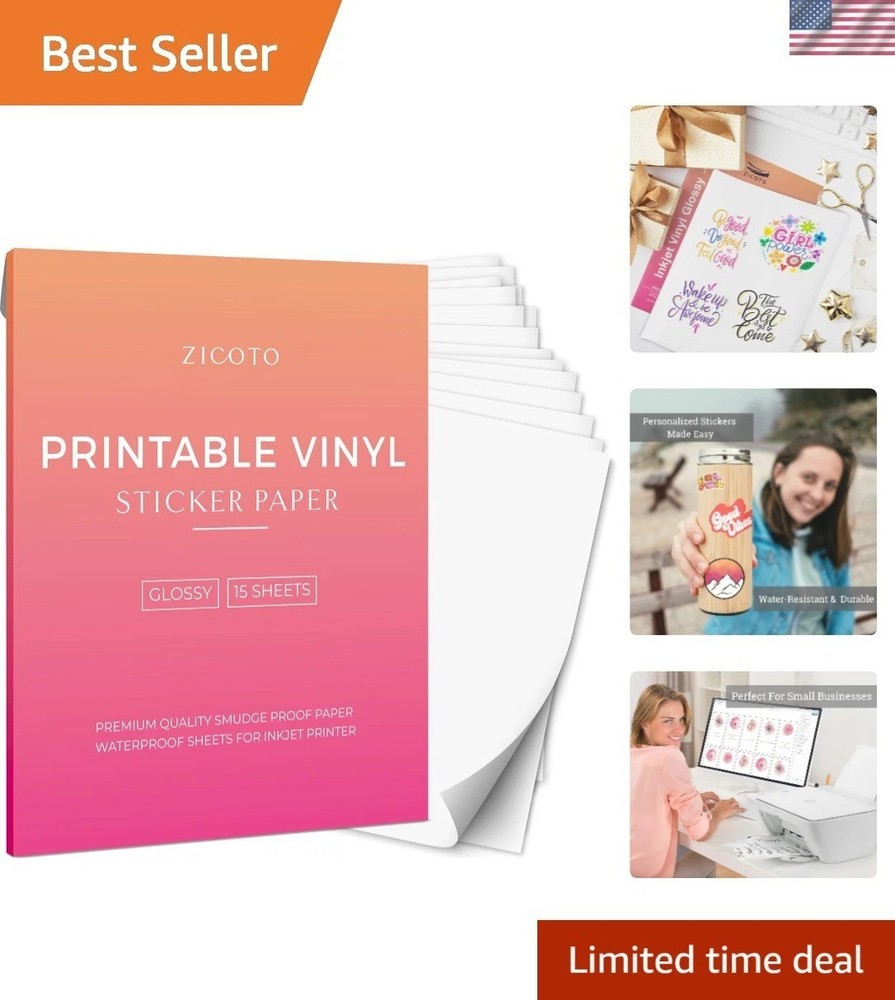 Water-Resistant Printable Vinyl Sticker Paper – 15 Glossy Sheets, Quick Drying
