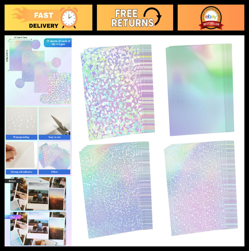100PCS A4 Holographic Laminate Sheets – Self-Adhesive Waterproof Sticker Paper,