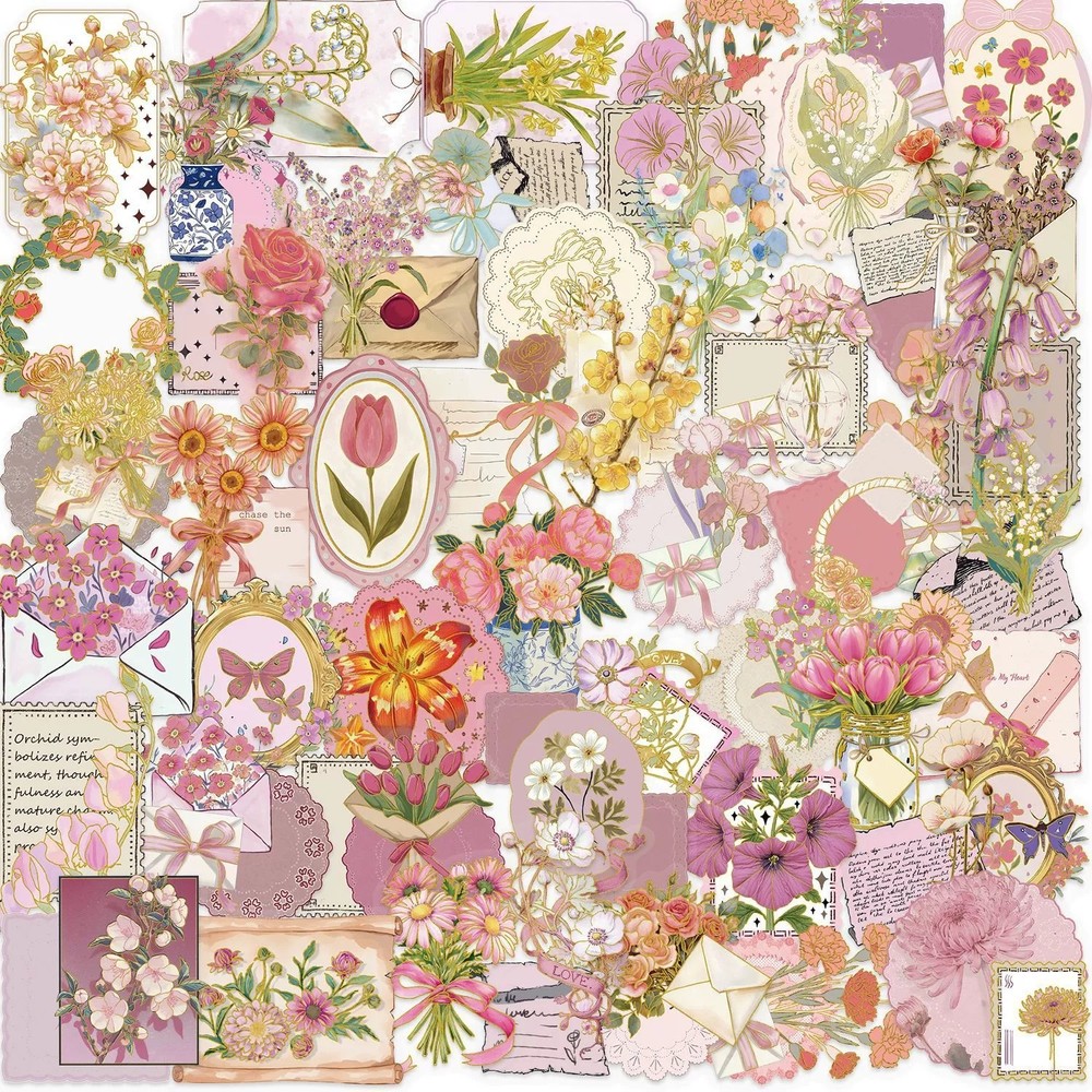 50/100PCS Cartoon Hot Stamping Flower Heart Language Sticker Pack Waterproof Tra