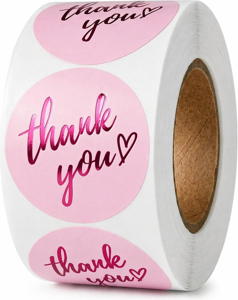 500 Pcs Thank You Stickers – 1.5 Inch Pink round Labels with Purple Foil Script