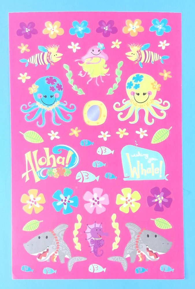 Vintage Hawaiian Sharks Shells Sea Life Sticker Sheet Pink Backing