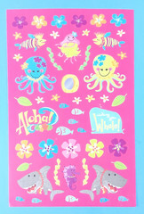 Vintage Hawaiian Sharks Shells Sea Life Sticker Sheet Pink Backing