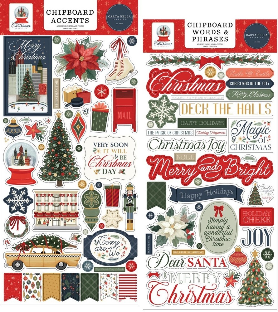 Carta Bella CHRISTMAS In The CITY (2) 6″x13″ Chipboard COMBO Accents + Phrases