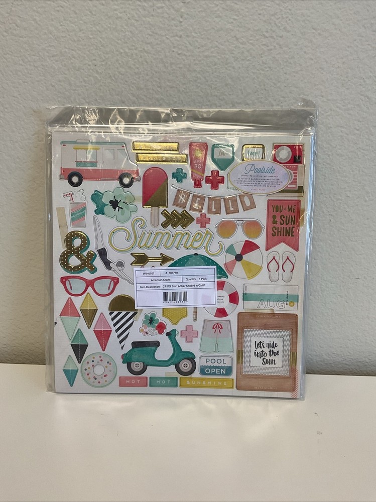 American Crafts Crate Paper Poolside Chipboard Stickers w/Gold Foil, 12” – 3 Pk