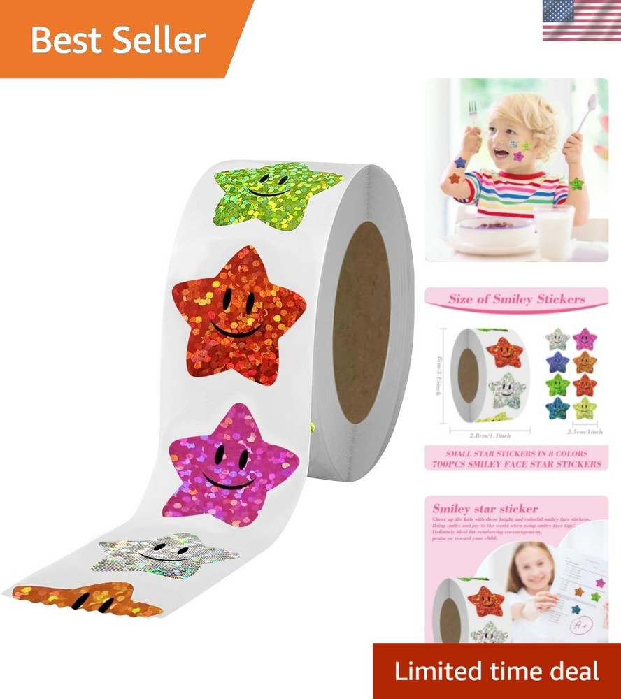 700Pcs Smiley Face Star Stickers for Kids Reward,1inch 8 Colored Sparkly Foil…