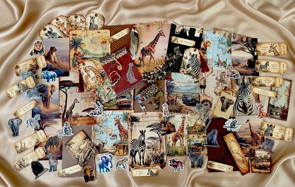 104 Pc Vintage Safari Junk Journal Kit African Wildlife Maps Tags Ephemera Set