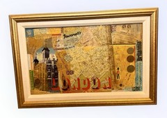 1950s 60s Framed Travel England London Scrapbooking Collage Coins 24 X 16”