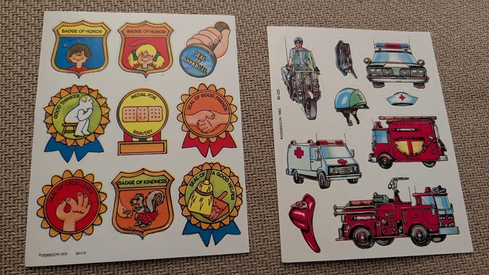 Vintage Stickers Dennison Lot Of 2 Sheets Emergency Vehicles, Rewards/ Badges