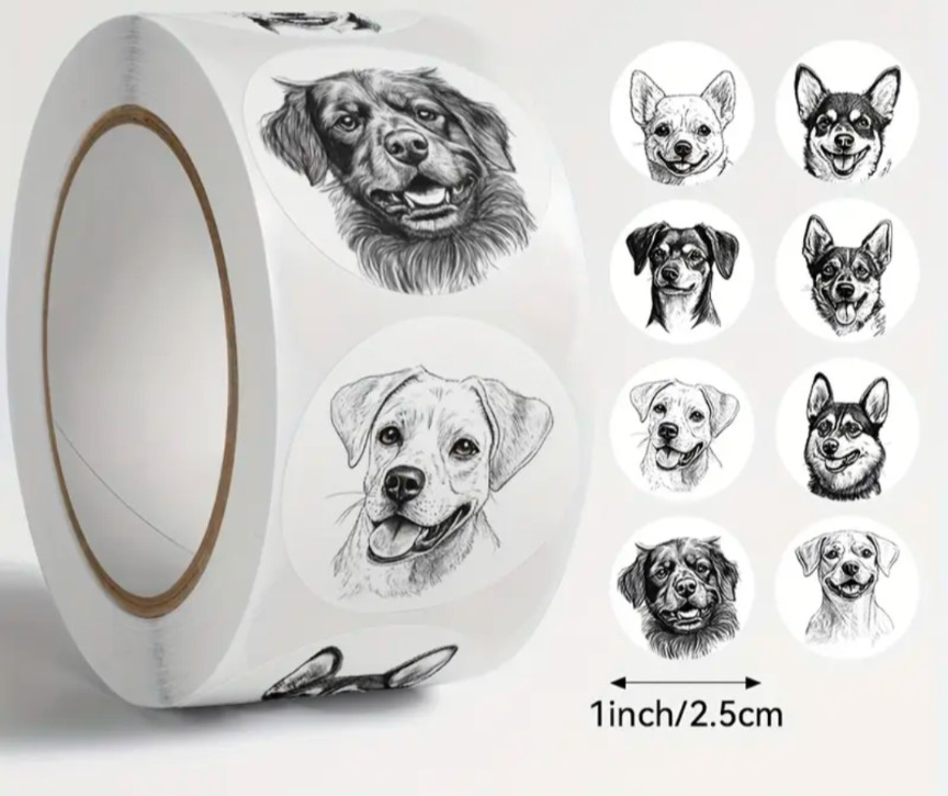 500 pcs Sticker Seals Roll Animal Dog Sketch Dogs Semi Gloss Self Adhesive NEW