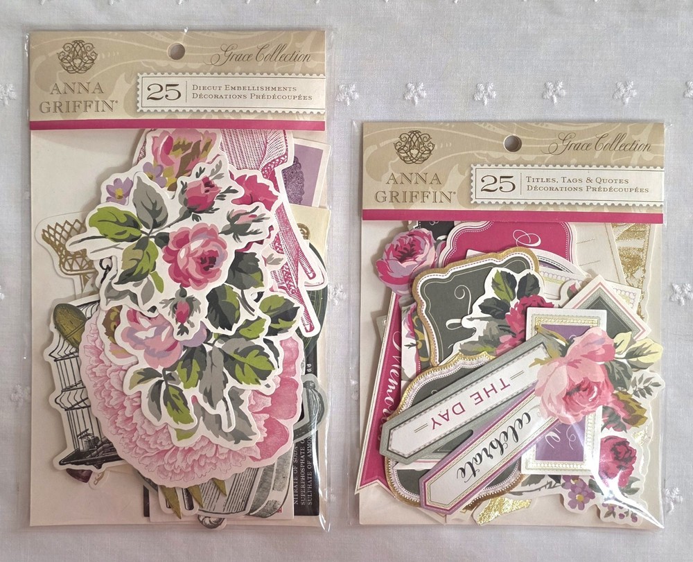 ANNA GRIFFIN «GRACE COLLECTION» Embellishmnt & Tags Lot/2 Sets 50 Pcs NIP (PA29)