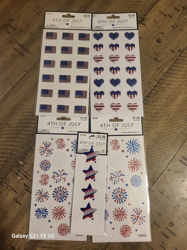 Lot Of 5 Sheets Of Patriotic-Flag- 4th July Stickers. Gemstone, Puffy, Glitter.
