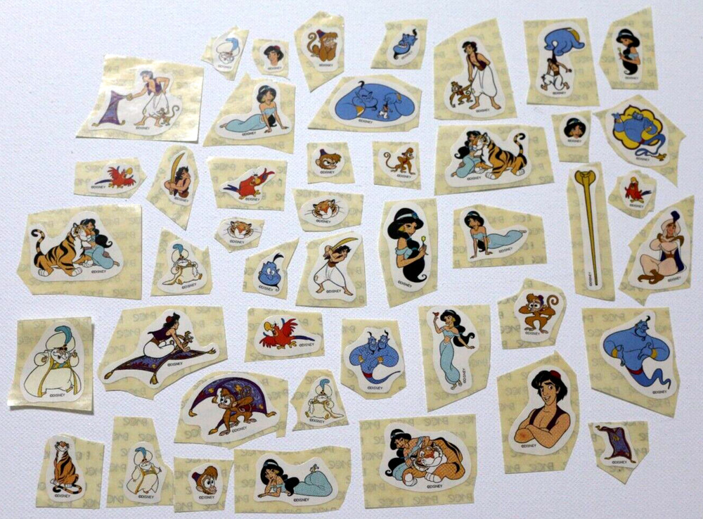 LOT OF 45 VINTAGE VERY RARE DISNEY WORLD CUT ALADDIN STICKERS NEW & UNUSED!