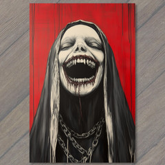 STICKER Scary Nun Demonic Laughing Dark Horror Gothic Black Red Bloody Chains