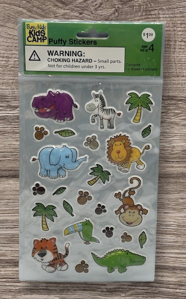 Vintage Busy Kids Camp Zoo Safari Jungle Animals Puffy Stickers NEW