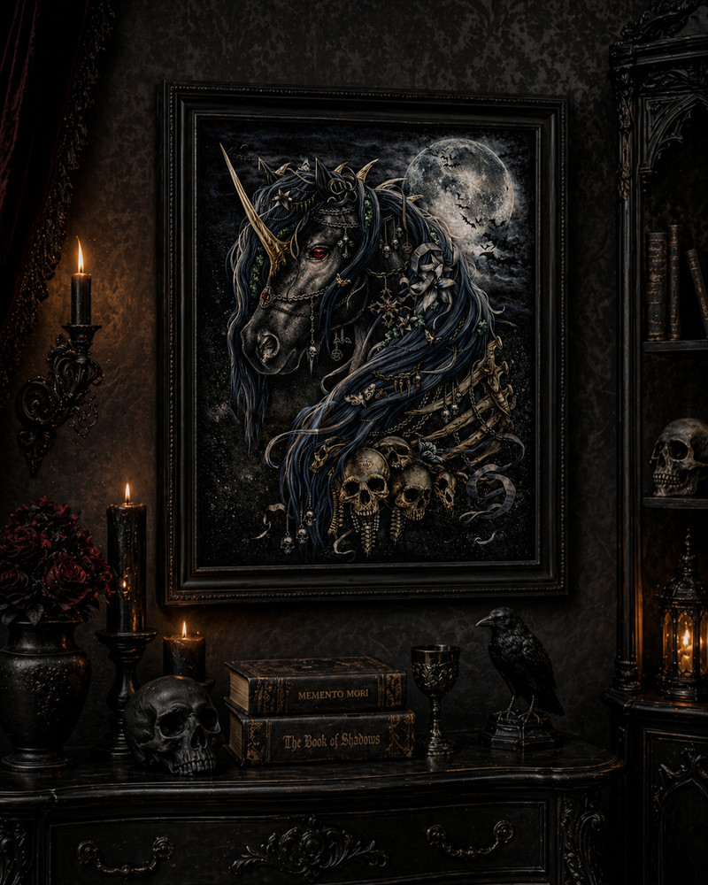 USA Veteran Made Gothic Unicorn Skull Dark Fantasy Wall Art Vinyl Print 8.5×11