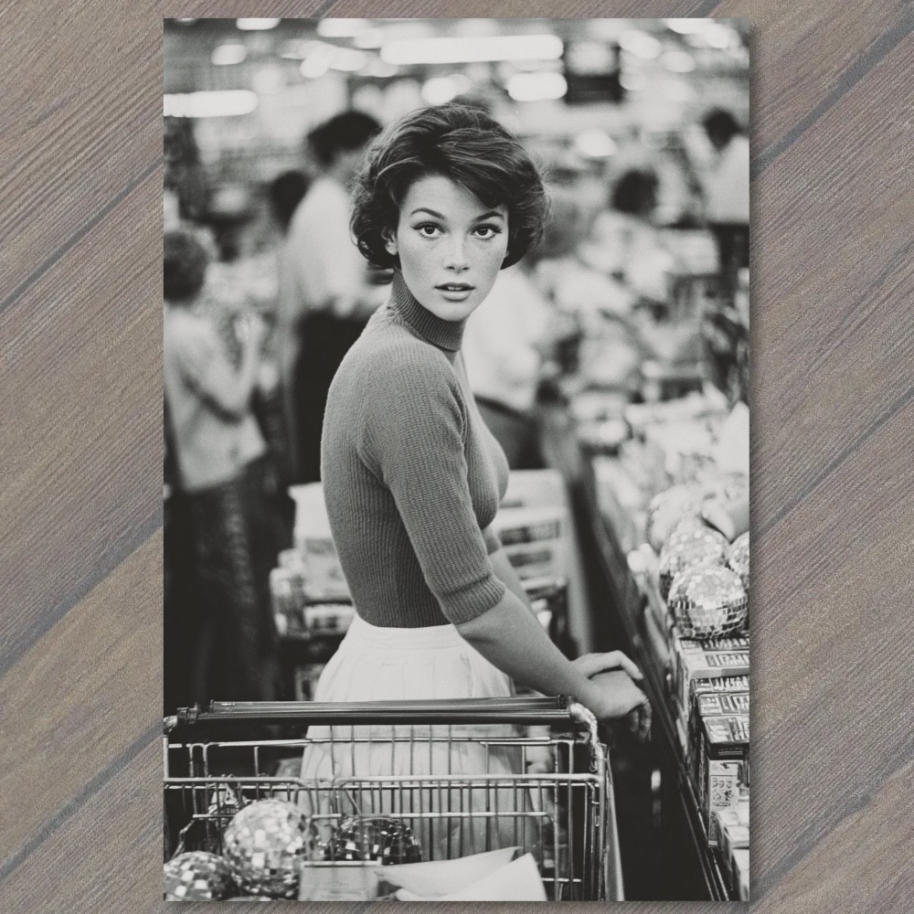 STICKER Glamour Woman Grocery Cart Retro Fashion Store Aisle Black White