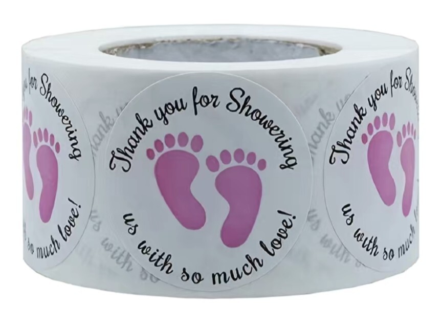 500 pcs Sticker Roll Baby Shower Girl Pink Footprint Round Gloss Self Adhesive