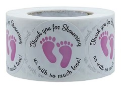 500 pcs Sticker Roll Baby Shower Girl Pink Footprint Round Gloss Self Adhesive