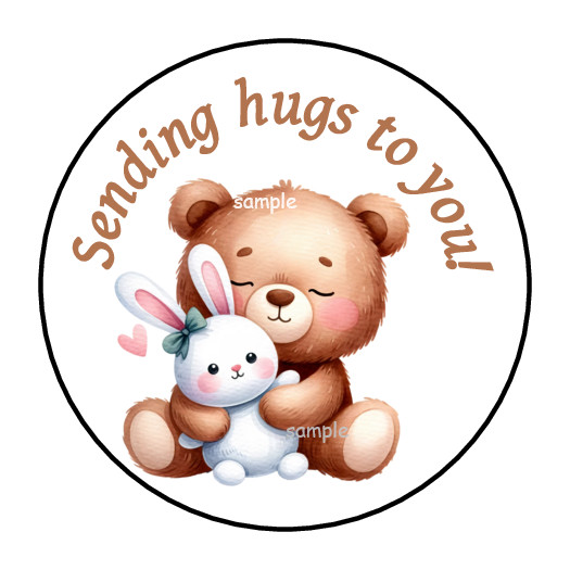 30 SENDING HUGS TO YOU TEDDY BEAR ENVELOPE SEALS STICKERS LABELS TAGS 1.5″ ROUND