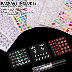 9 Sheets Face Rhinestones and Pearl Stickers Set 1, Rainbow Mixed Shape Self Adh