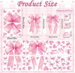 Large Pink Bow Wall Decals – 6 Sheets 64 Pcs Bow Knot Wall Stickers Heart Bow Pe