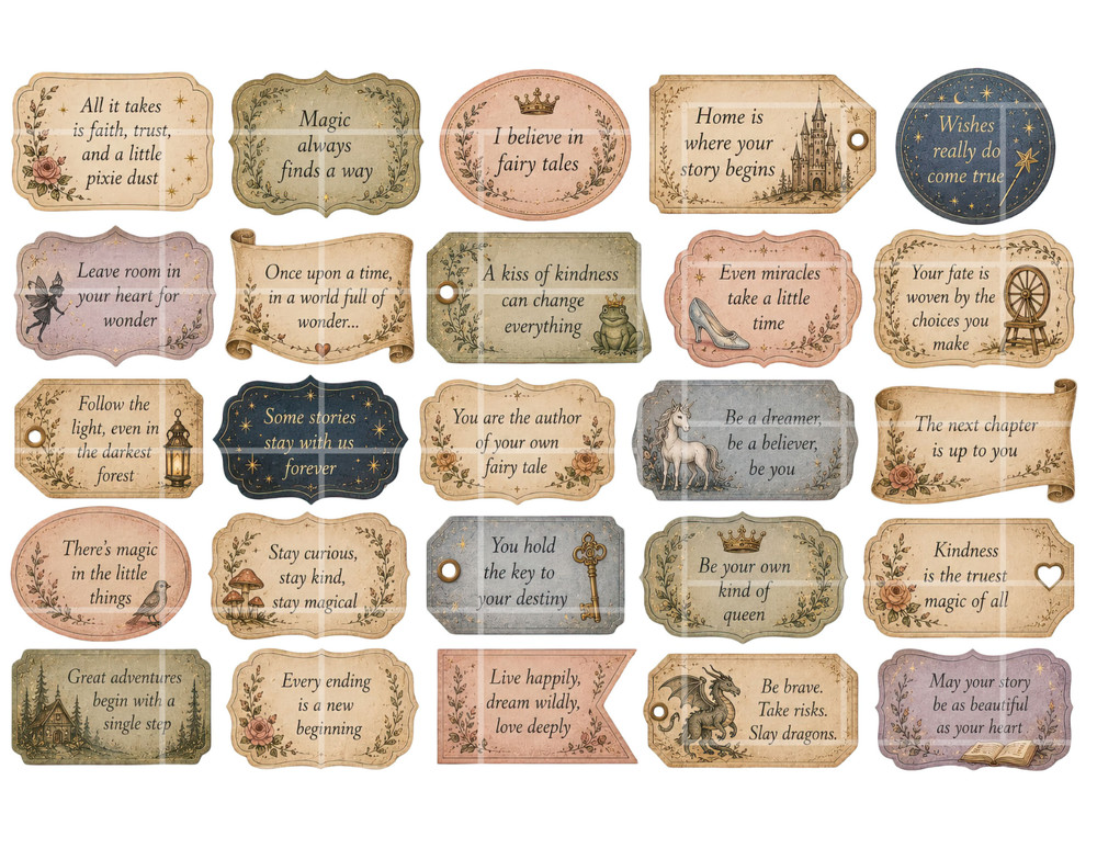 Fairytale Phrases Sheet A, Supplies For Scrapbook Junk Journal Card Toppers