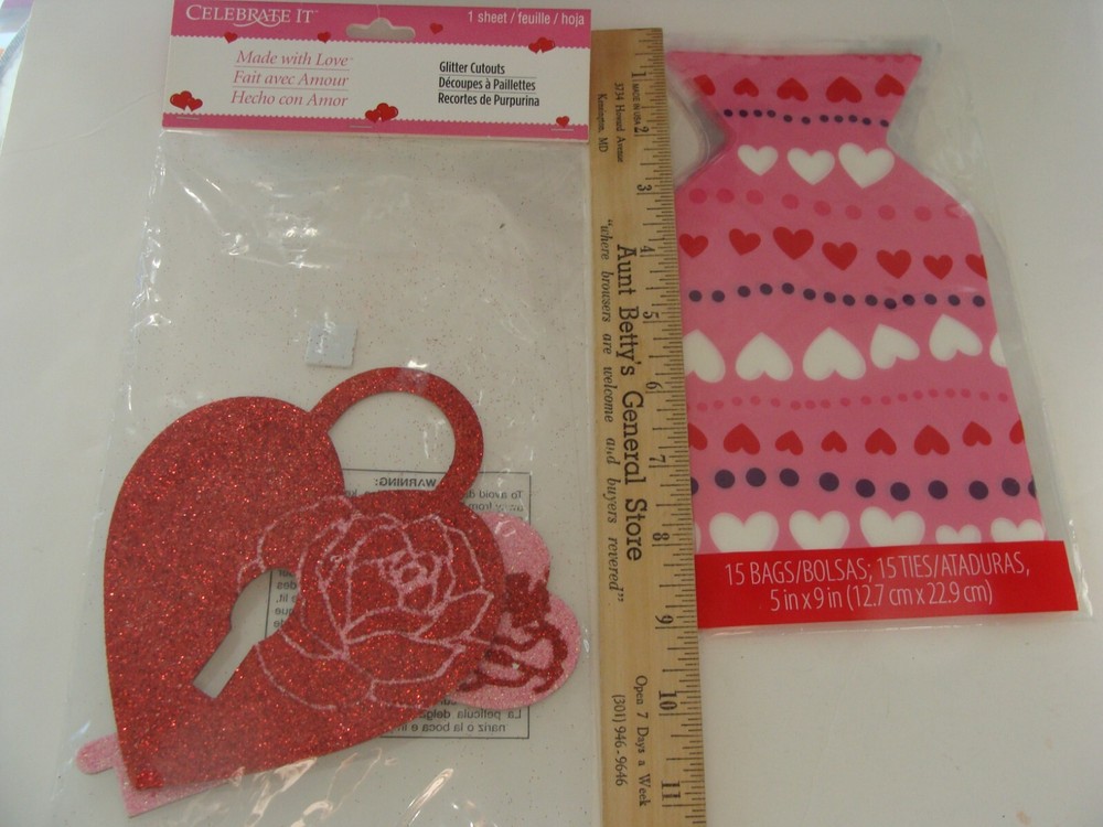 NEW SEALED Mixed Lot w Heart Gift Bags and Glitter Lock and Key Cutouts Crafts