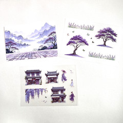 Summer Purple Chinese Asian Landscape Stickers Scrapbook Junk Journal Collage