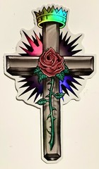Mr Cartoon Cross Sticker Crown Rose w/ Thorns Iridescent Vending Decal Religious