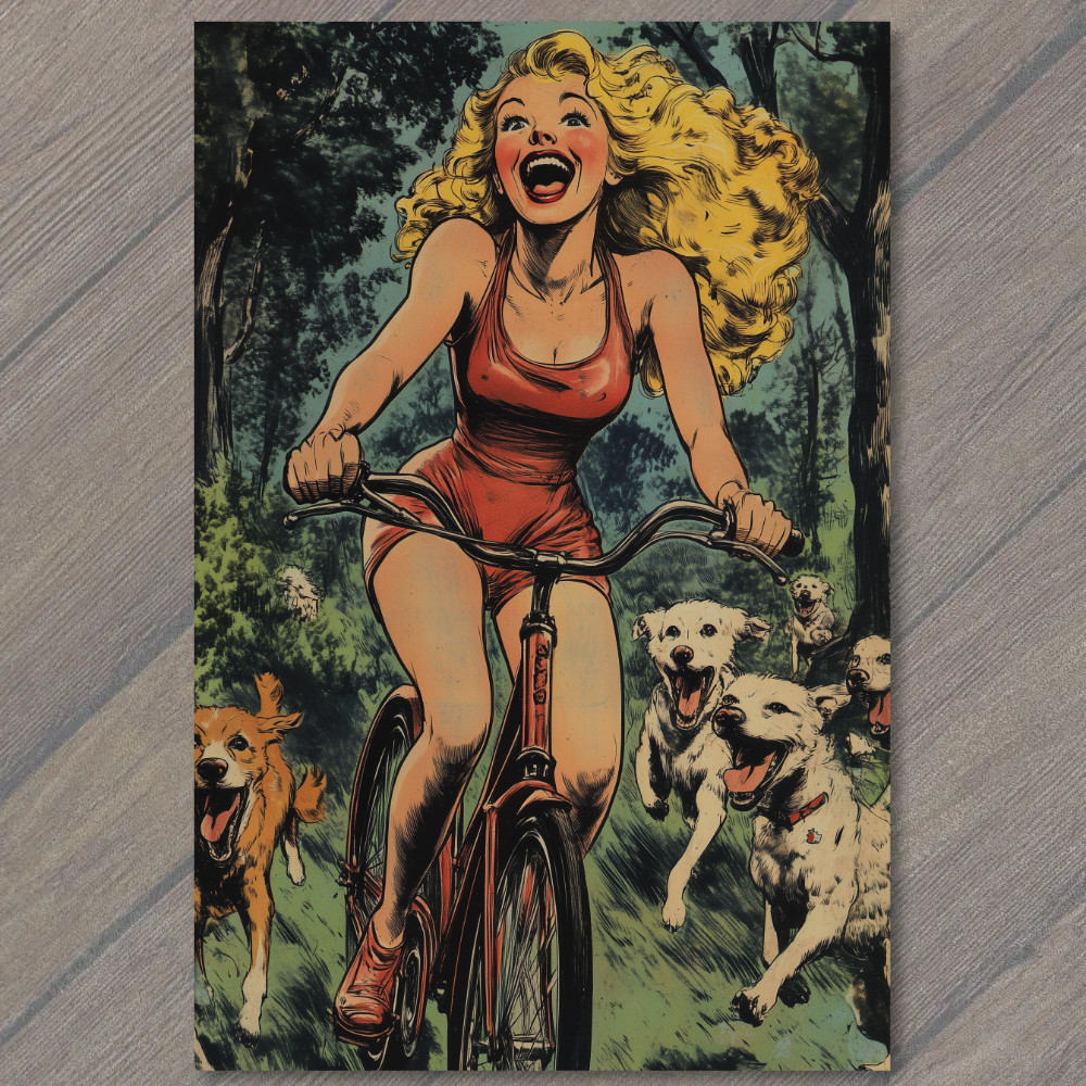 STICKER Happy Blonde Girl Biking Forest Trail Surrounded Dogs Sunshine Fun