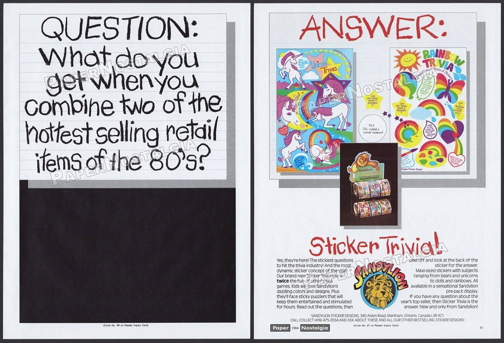 SANDYLION Sticker Trivia – Original 1984 Trade print AD / ADVERT_ retailer promo