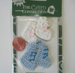 4 Pks Stickers Real Crochet Baby Booties Butterflies Blue White Yellow Boy Girl