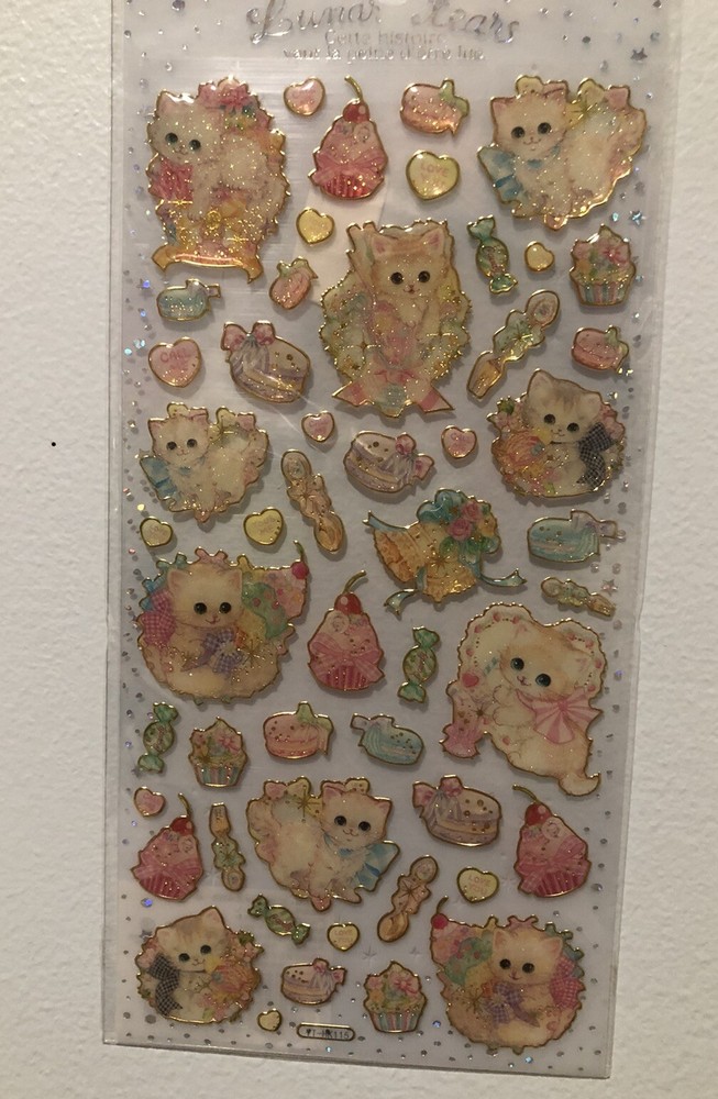 Kawaii Japan Kitten Cats Glitter Puffy Sticker Sheet Vintage Htf