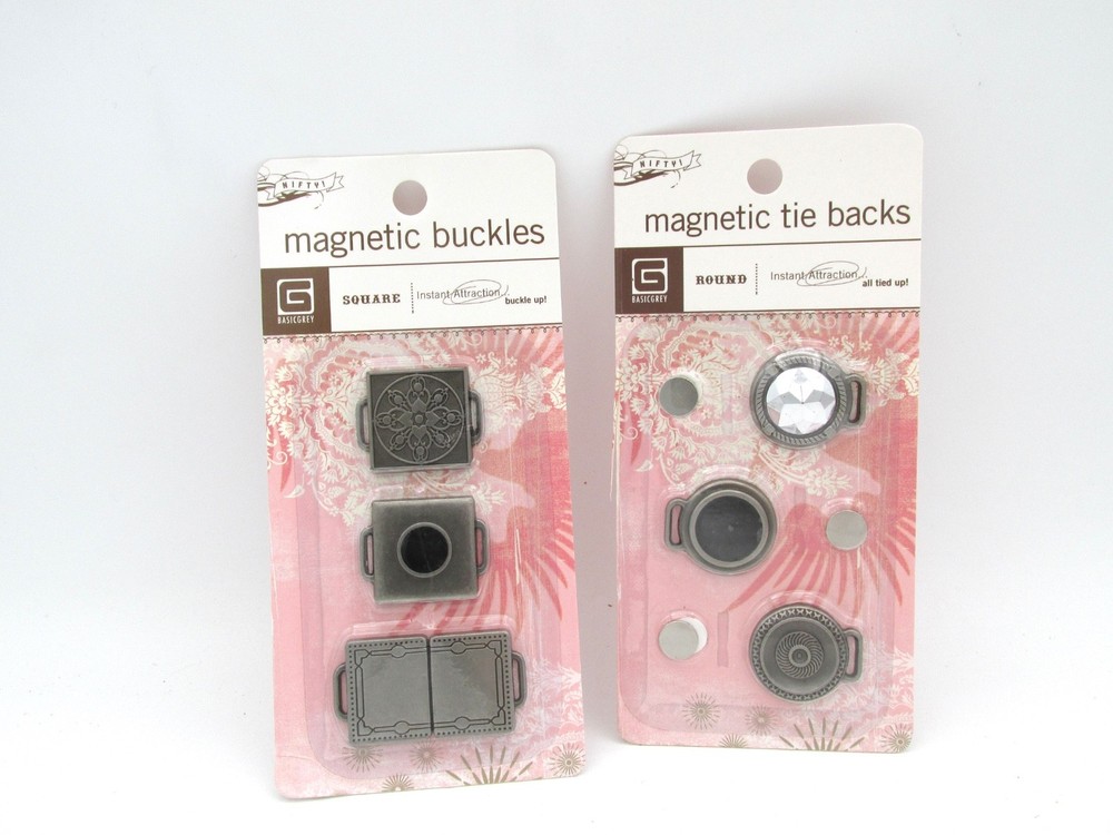 NEW IN SEALED PKG: Vintage Basic Grey MAGNETIC BUCKLES & TIE BACKS