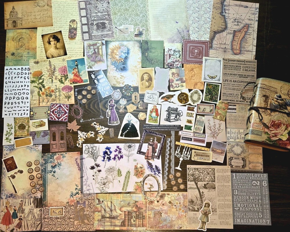 Junk Journal Kit Vintage Style Paper Stickers Tags Tickets Images Ephemera Craft